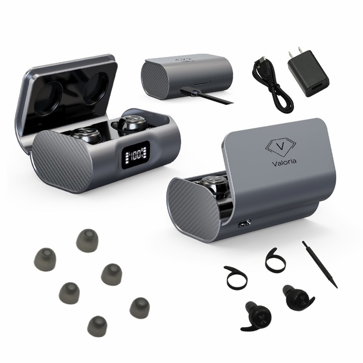 Aparat Auditiv Inteligent Valoria, Bluetooth, 25h Autonomie, 110 dB, Amplificator Sunet cu Pornire Automata, Cutie Magnetica pentru Incarcare, 5 Niveluri Volum, 2 Moduri Ascultare, Asistenta Auditiva cu Cablu USB, Perie de Curatare si Dopuri Incluse
