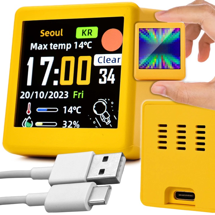 Statie Meteo Inteligenta Renew Force, Wifi, Afisaj Digital 1 "54", Termometru, multifunctional, Meteo, Galben, Mini ceas, 45x35x40mm, Imagini de fundal si fotografii personalizabile, S12