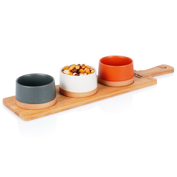 Set De Boluri Pe Tava, Excellent Houseware, Universal, Ceramica/Bambus, Multicolor, 3 Boluri Cu Capacitate De 210 ml, 48x12x6.5 cm, Compatibile Cu Masina De Spalat Vase