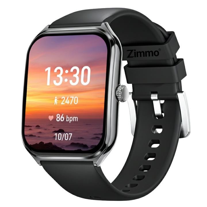 Ceas smartwatch Zimmo®, inteligent, fitness, Ecran Amoled 1.96 inch, Full Touch, Rezistent la apa IP68, 110+ moduri pentru sport, Masurare ritm cardiac, Somn, Oxigenul in sange SpO2, Apel Bluetooth, Notificari, Mesaje, Social Media, Design curbat, Negru
