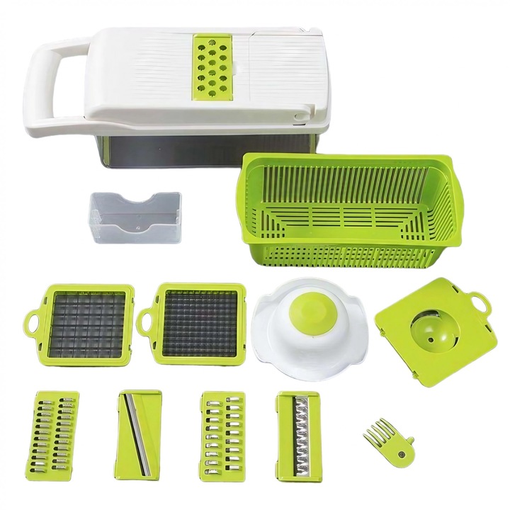 Feliator Multifunctional, toolsy, Razatoare, 8 in 1, pentru Fructe si Legume, 10 Piese, Lame de Inox, Recipient Stocare, Separator Oua, Protectie Mana, ABS, 67.5x38.5x49.5 cm, Verde/Alb