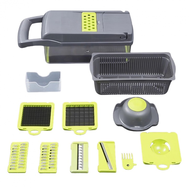 Feliator Multifunctional Cyrax, Razatoare, 8 in 1, pentru Fructe si Legume, 10 Piese, Lame de Inox, Recipient Stocare, Separator Oua, Protectie Mana, ABS Verde/Gri, 32.2x11.3 cm