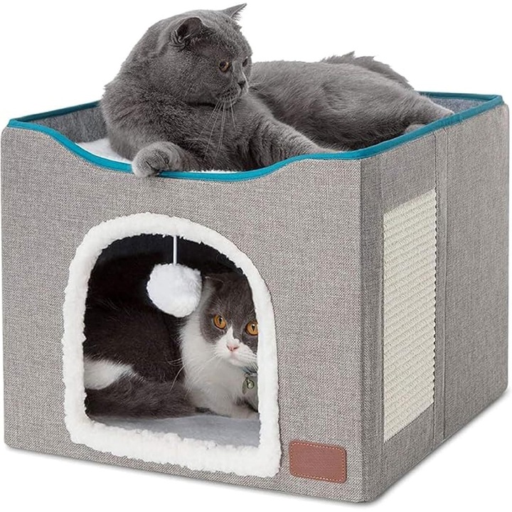 Casa pentru pisici NextWave® cu doua zone, bila pufoasa si zona de zgariat, Pliabila, Moale si pufoasa, Respirabila, Usoara, Marime 42x42x33 cm, Gri