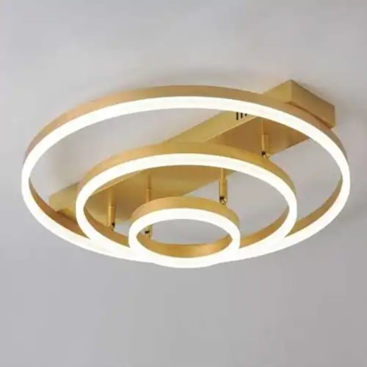 Lustra LED aplicata cu telecomanda, aurie, rotunda, 160W, 3 functii de lumina, calda/naturala/rece, intensitate reglabila, dimensiune 60x60x15cm, IP20, montaj tavan, LDC