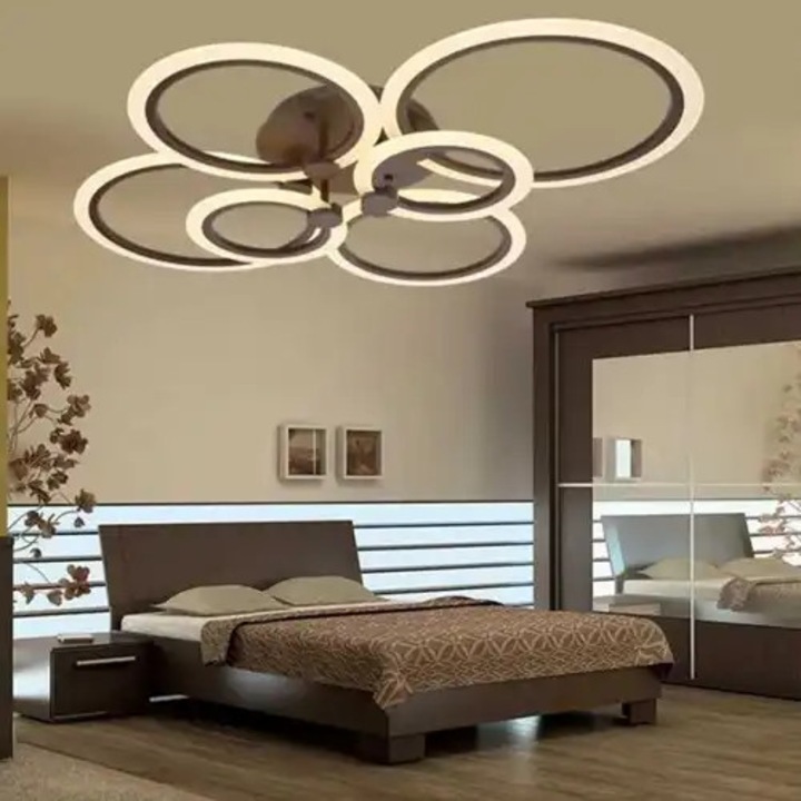 Lustra LED cu 3 tipuri de lumina si telecomanda, maro, rotunda, 160W, intensitate reglabila, lumina rece/neutra/calda, 55x55x13cm, IP21, aplicata, montaj tavan, LED CONCEPT