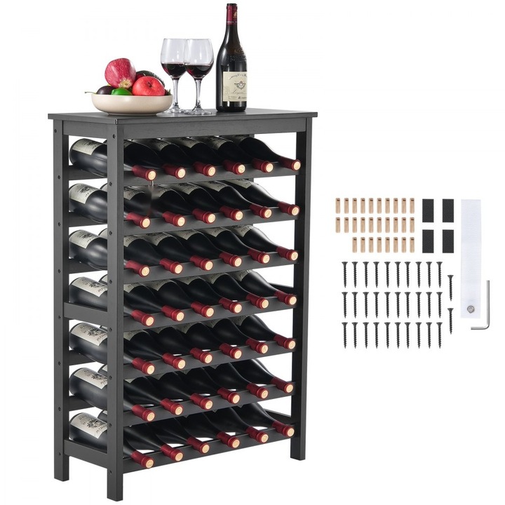 Raft pentru sticle de vin, capacitate 42 sticle, 100 x 66 cm, fabricat din lemn de bambus, 7 nivele, negru