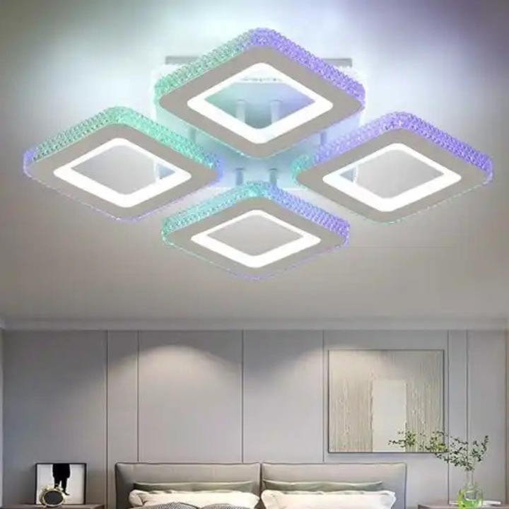 Lustra LED cu 3 tipuri de lumina si telecomanda, alba, patrata, 140W, intensitate reglabila, lumina rece/neutra/calda + RGB, 40x40x9cm, IP21, aplicata, montaj tavan, LED CONCEPT