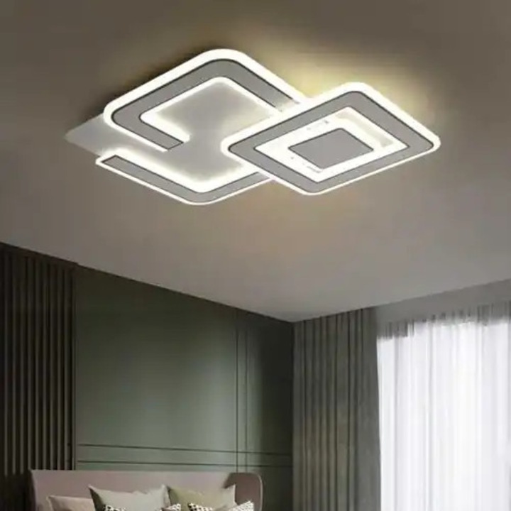 Lustra LED cu 3 tipuri de lumina si telecomanda, alba, asimetrica, 152W, intensitate reglabila, lumina rece/neutra/calda, 44x44x5cm, IP21, aplicata, montaj tavan, LED CONCEPT