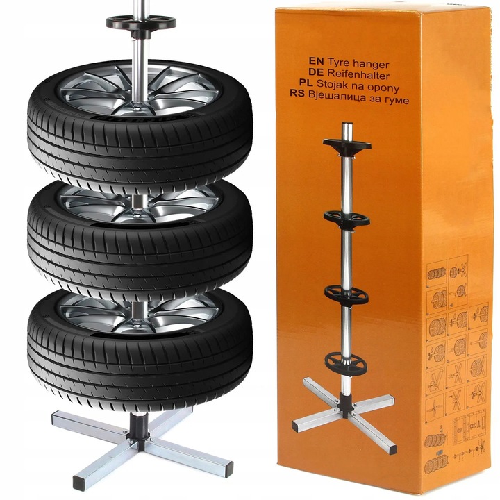 Suport pentru anvelope, Kraft&Dele, Universal, Pentru 4 roti, Metalic, Capacitate maxima de 100 kg, Dimensiuni 46x46x103 cm, Argintiu