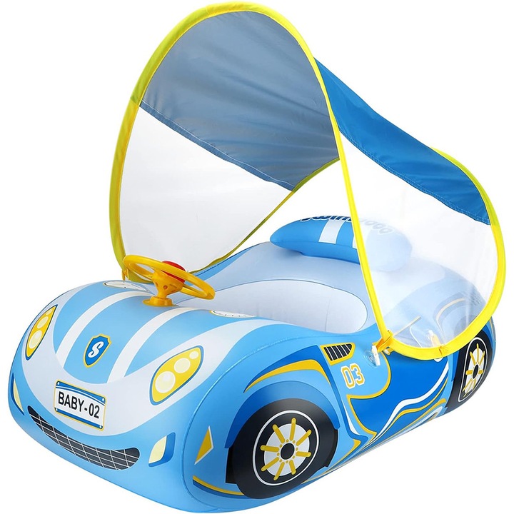 BOMSTOM úszógumi babáknak és gyerekeknek, levehető napellenzővel, felfújható autó, kék, 1-4 éves korig