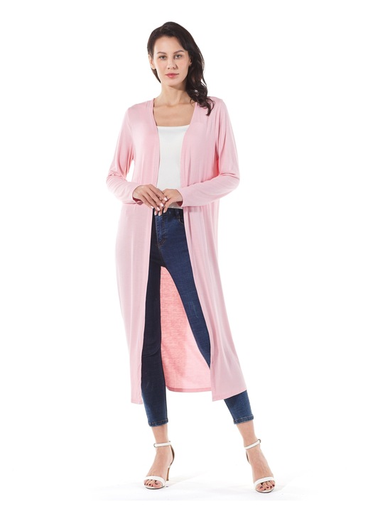 Pulover dama, cardigan lung, alb, Roz