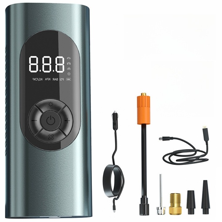 Compresor auto, moto, bicicleta portabil wireless, incarcare telefon, lanterna integrata, afisaj led, oprire automata, Usoare, durabile, Cilindru de pompa de aer portabila