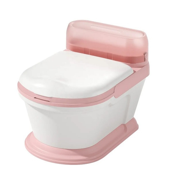 Olita pentru copii tip minitoaleta Little Mom Pink, cu adaptor confortabil din PU, design ergonomic, vas colector detasabil, Capac rabatabil si suport pentru servetele, dimensiune 34 x 38 x 28 cm