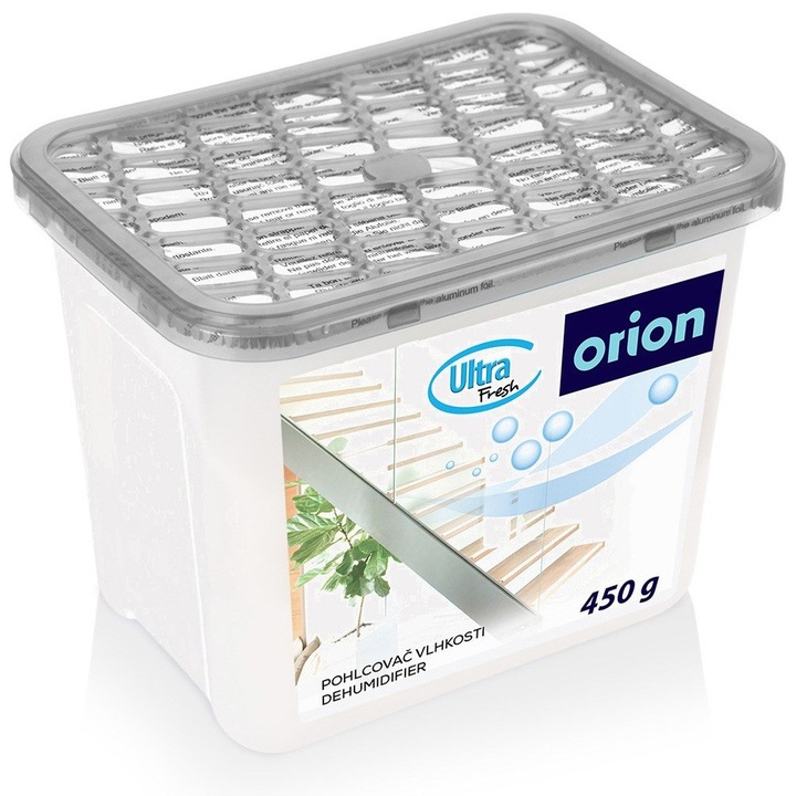 Влагоабсорбатор, Orion, 450 g, Без мирис, Калциев хлорид на гранули, Размери 15x10,5x12 cm, За помещения до 20 m², Ефективност 2-5 месеца