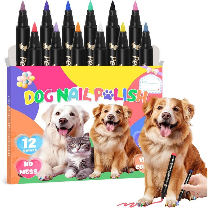 Set 12 stilouri cu oja pentru unghii de caine, MSDADA, uscare rapida, formula sigura pentru animale, multicolor