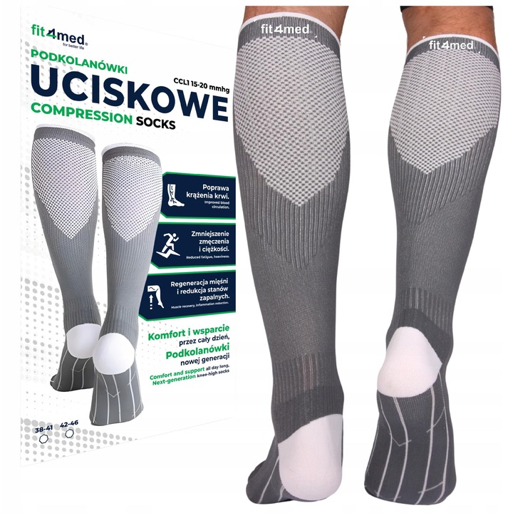 Sosete Compresive, Fit4Med, Imbunatatesc Circulatia, Ideale Pentru Calatorii Cu Avionul, Sprijina Regenerarea Muschilor, Protejeaza Tendonul Lui Ahile, Elimina Umezeala, Confortabile Pentru Ore Lungi, Marime L/XL (42-46), Gri
