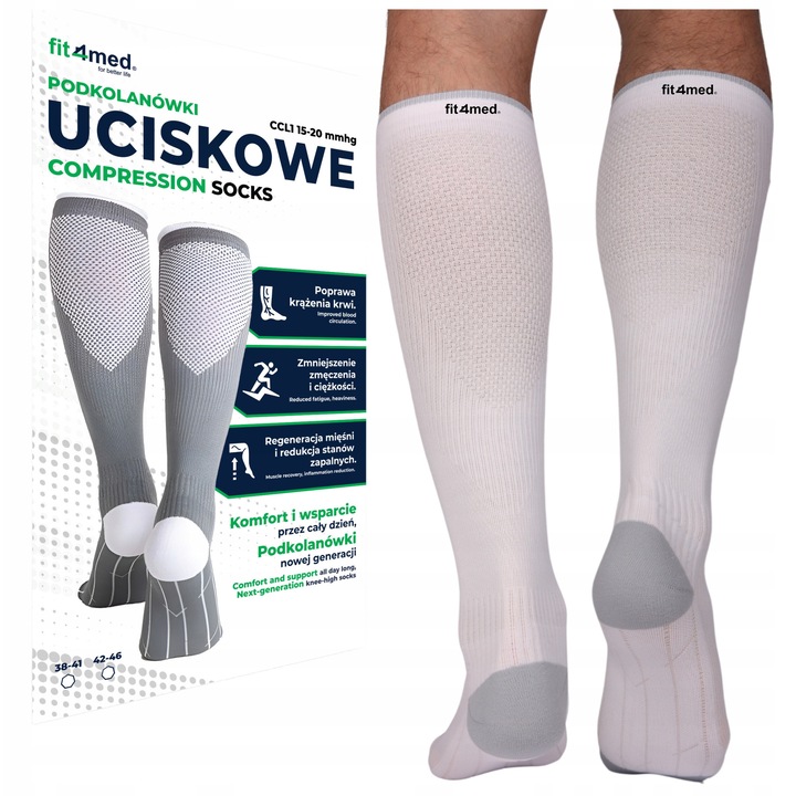Sosete Compresive, Fit4Med, Imbunatatesc Circulatia, Ideale Pentru Calatorii Cu Avionul, Sprijina Regenerarea Muschilor, Protejeaza Tendonul Lui Ahile, Elimina Umezeala, Confortabile Pentru Ore Lungi, Marime S/M (38-41), Alb