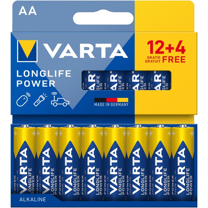 Baterii Alkaline Varta Longlife Power AA, 16 buc