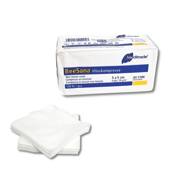 Нестерилни нетъкани компреси 5x5cm 100 бр. BSV Meditrade, силно абсорбиращи, 4 слоя, бели