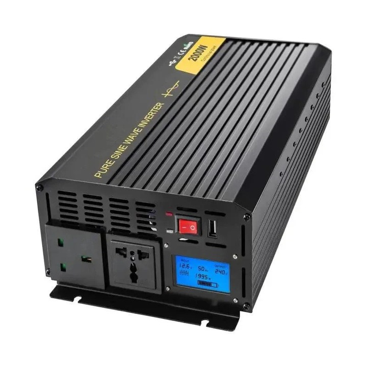 Tiszta szinuszhullámú inverter, LCD képernyő, 2000 W, távirányító, fekete