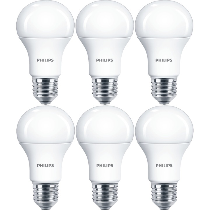 Комплект крушки LED Philips, E27, 11W, 6 броя, 15000 часа, Топла светлина