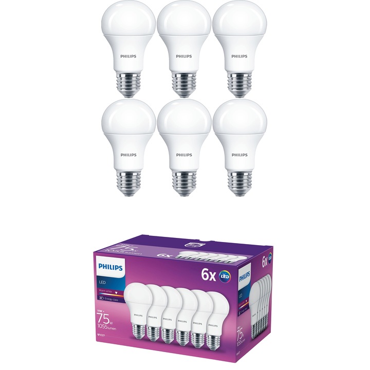 Set 6 becuri LED Philips, E27, 11W (75W), 1055 lm, A+, lumina calda