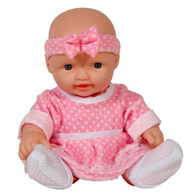 Bebelus fetita Q-Ti cu rochita roz deschis si bentita, 25 cm