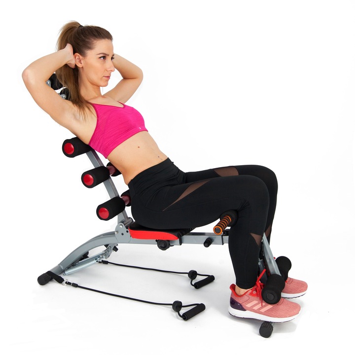 Banca multifunctionala TECHFIT® AB Multi Crunch – aparat fitness 6 in 1 pentru abdomen, spate, biceps, triceps si umeri, tehnologie Body Back, include corzi antrenament, compact si pliabil