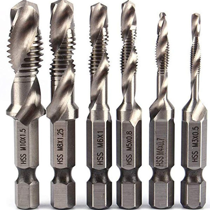 Set burghie pentru filetare Profesional cu 6 piese, Renew Force, M3, M4, M5, M6, M8, M10, Hexagonala, otel HSS, Gaurire, Filetare, Debavurare, prindere hexagonala 1/4", Pentru aluminiu, Plastic, Lemn, Cupru, Silver DBS-6