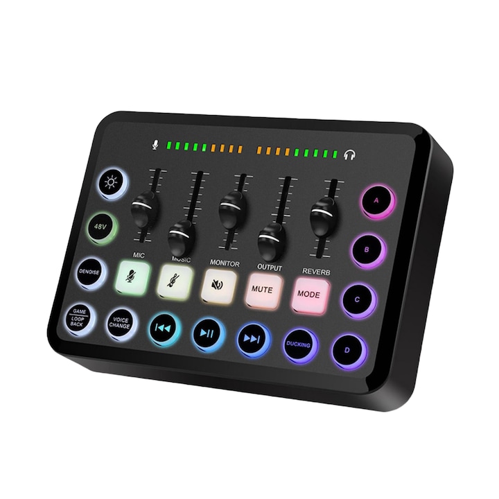 Placa de sunet externa, 48V, inregistrare personalizata, reducere inteligenta a zgomotului, 4 moduri de schimbare a vocii, potrivita pentru transmisie si cantari live, interfete multiple, 1800mAh, negru