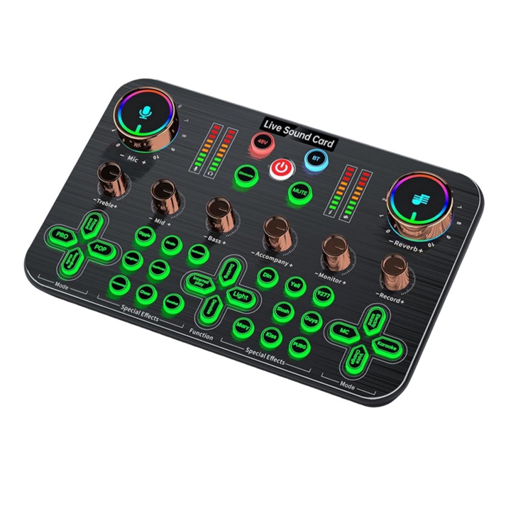 Външна звукова карта, 48V, OTG, AUX, интелигентно шумопотискане, мултифункционален интерфейс, 1800mAh, Plug and Play, черна