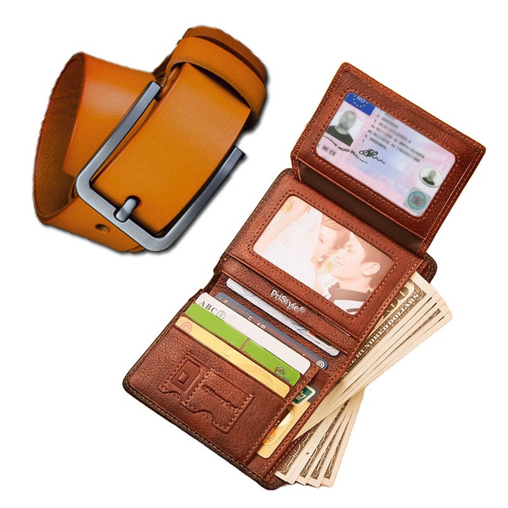 Set Portofel pentru Barbati din Piele Naturala de Calitate Superioara si Curea, Elegant si Durabil, Maro Deschis, PriStyle®