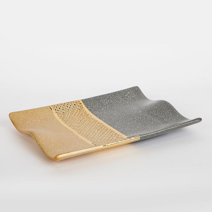 Platou decorativ, din ceramica, gri- auriu,, 26x20x3cm