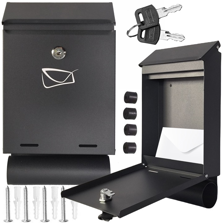 Cutie poștală Renew Force, otel galvanizat, negru, 33x18.5x5.5 cm, include 2 chei și accesorii montare