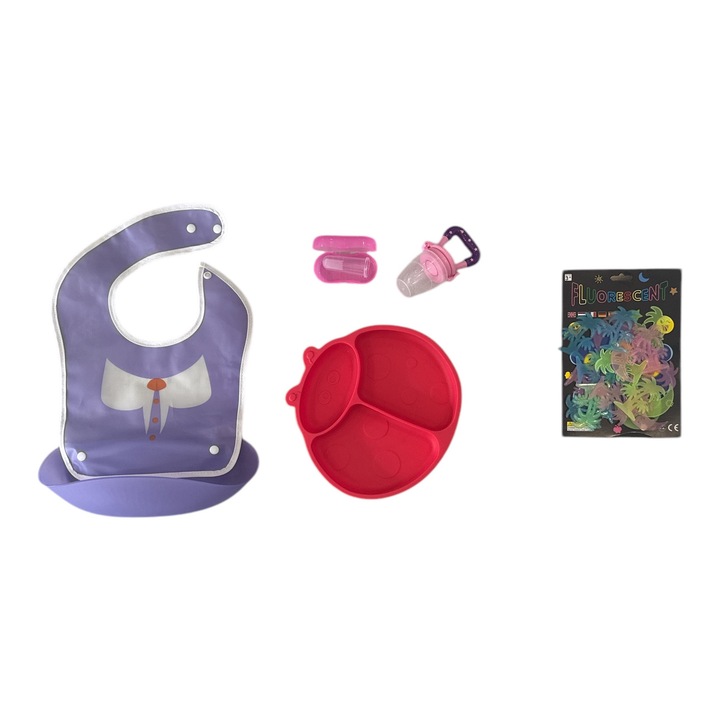 Комплект за разнообразяване на бебето, 5 части, силиконов лигавник, чинийка с отделения, купа за плодове, четка за зъби, подарък фосфоресцентни стикери
