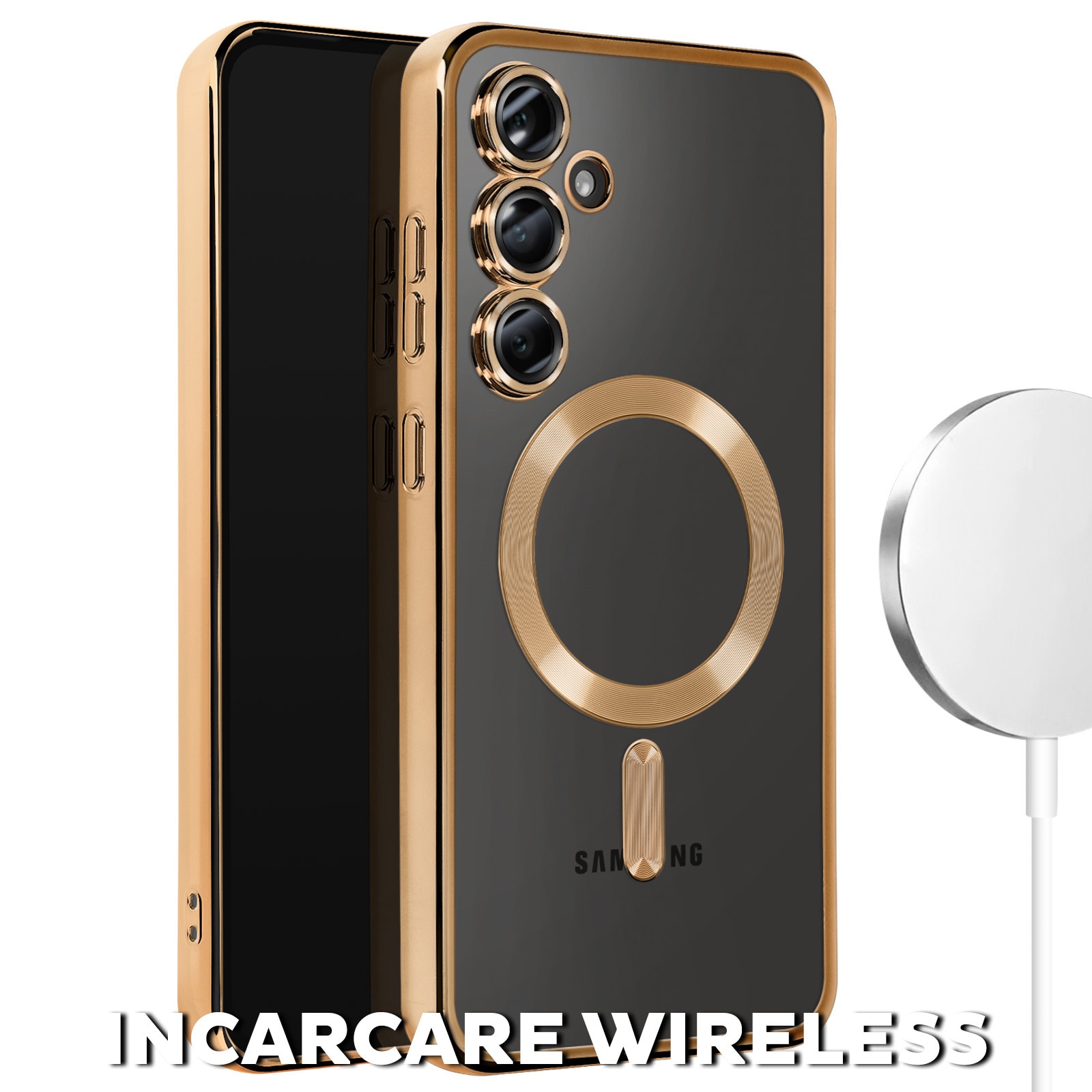 Husa pentru Samsung Galaxy A55 DaDen® MagSafe Luxury compatibil cu protectie camera, Ultra Protectie, Transparent cu margini aurii