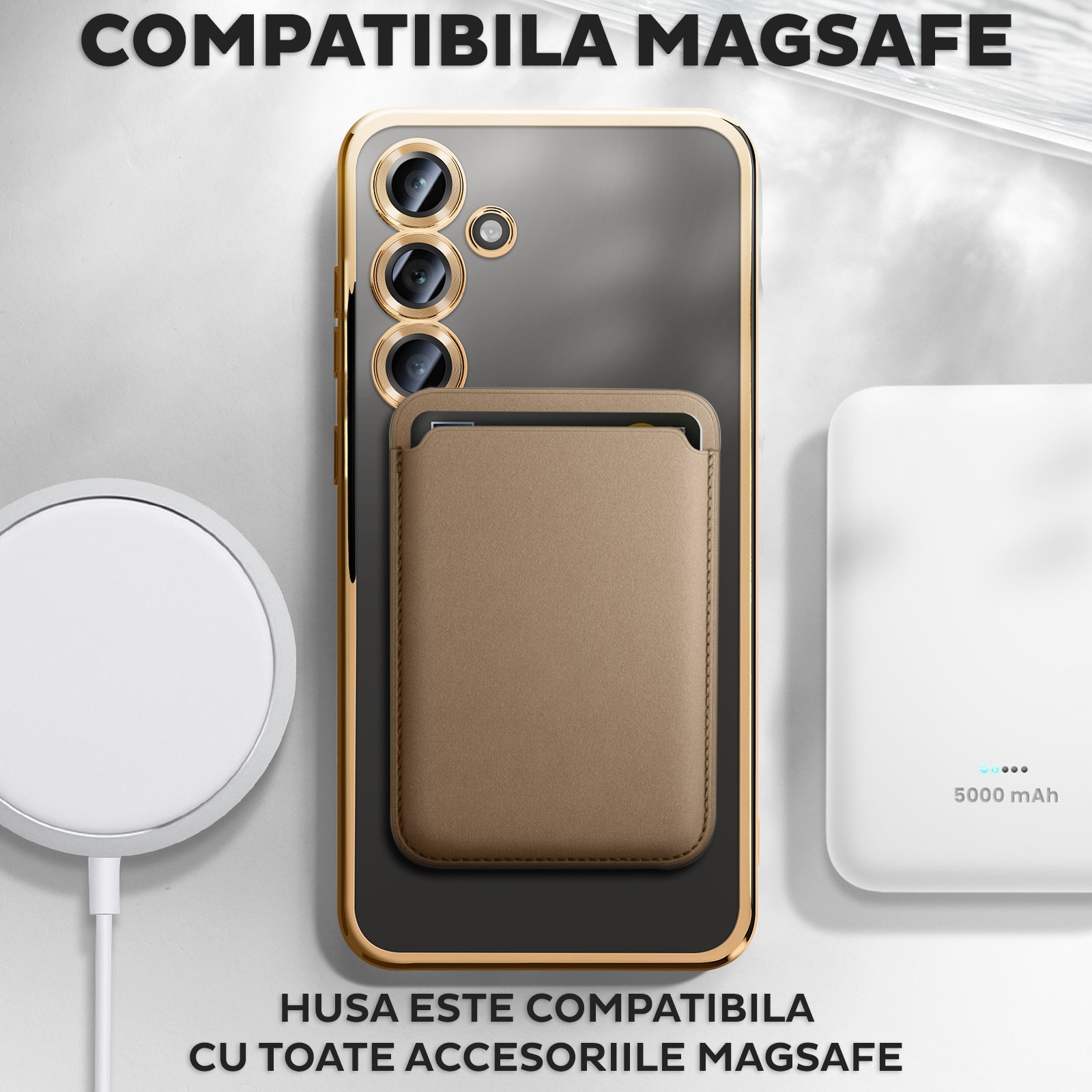 Husa pentru Samsung Galaxy A55 DaDen® MagSafe Luxury compatibil cu protectie camera, Ultra Protectie, Transparent cu margini aurii