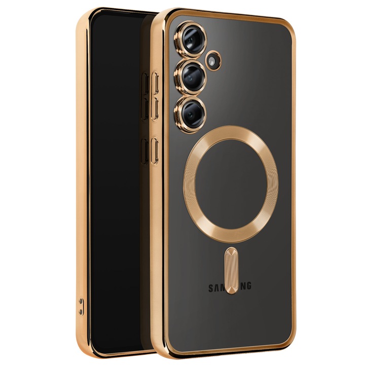 Husa pentru Samsung Galaxy A55 DaDen® MagSafe Luxury compatibil cu protectie camera, Ultra Protectie, Transparent cu margini aurii