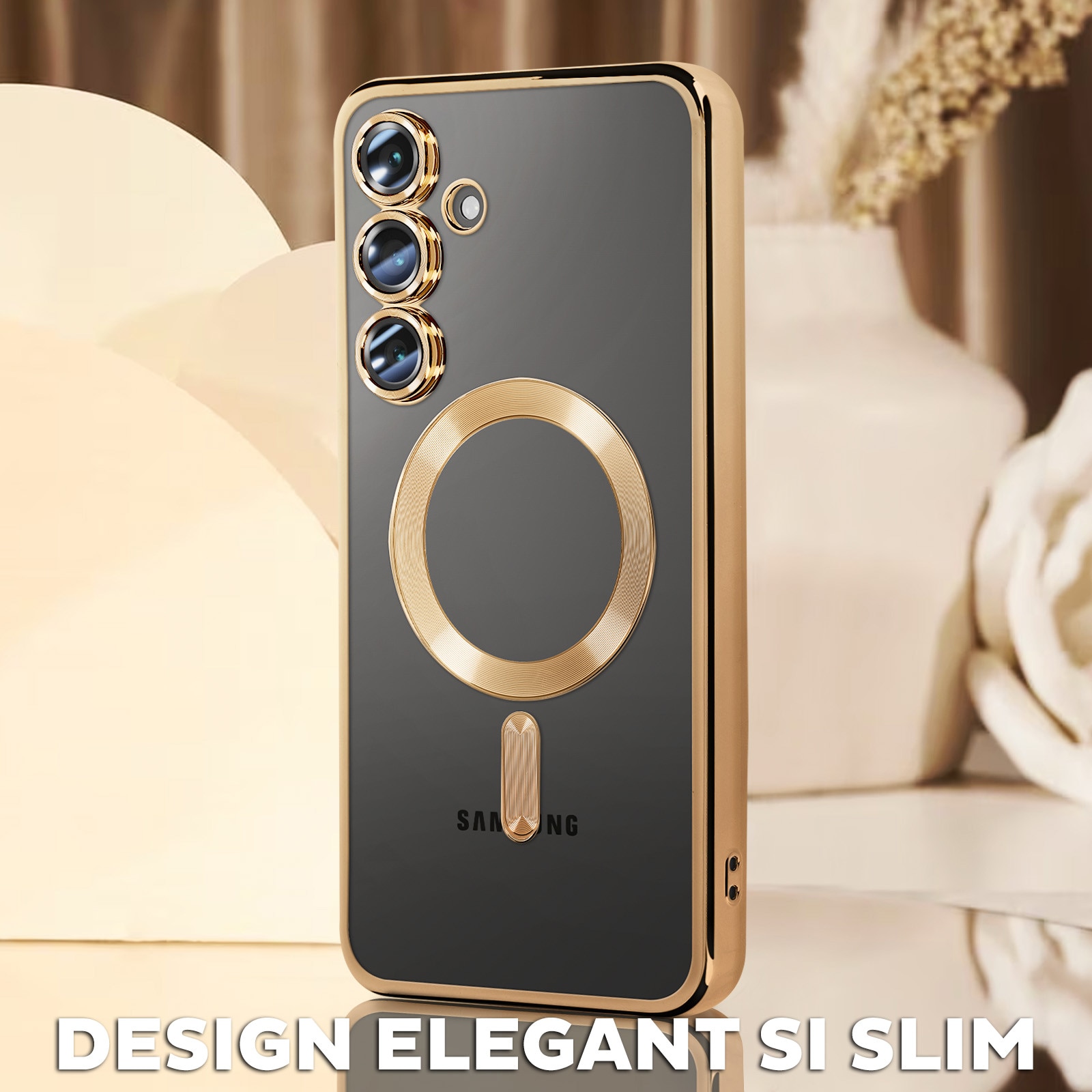 Husa pentru Samsung Galaxy A55 DaDen® MagSafe Luxury compatibil cu protectie camera, Ultra Protectie, Transparent cu margini aurii