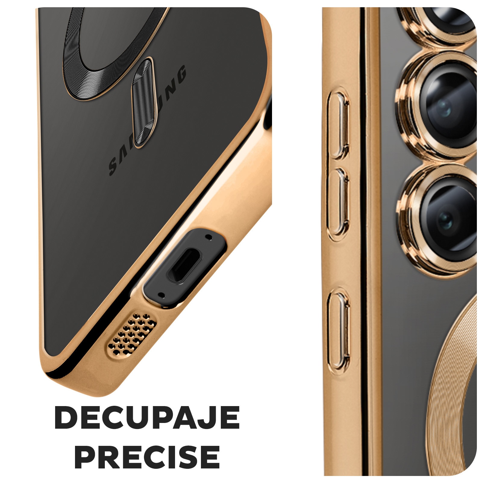 Husa pentru Samsung Galaxy A55 DaDen® MagSafe Luxury compatibil cu protectie camera, Ultra Protectie, Transparent cu margini aurii