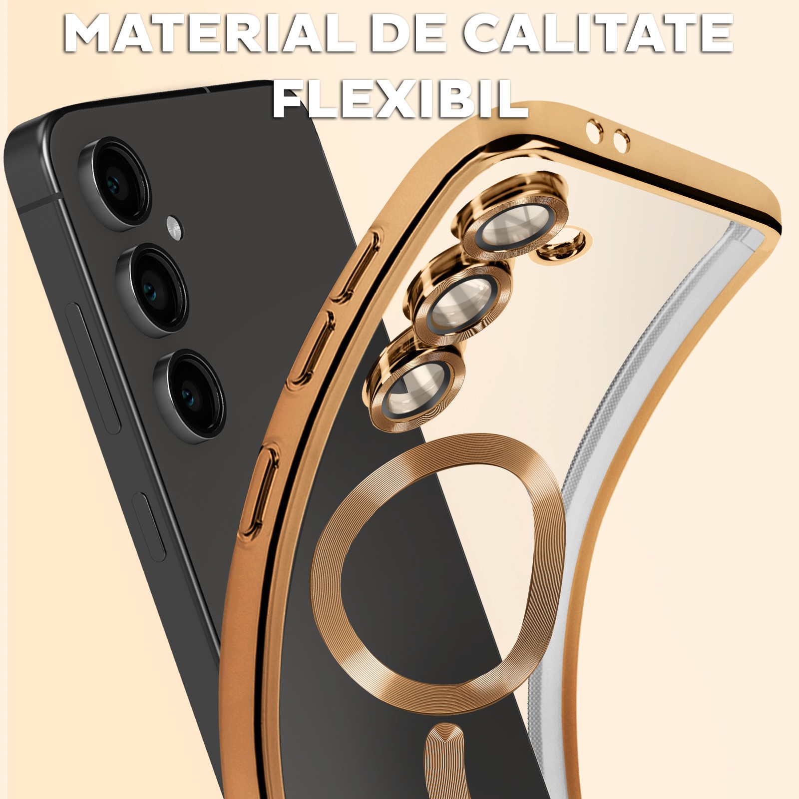 Husa pentru Samsung Galaxy A55 DaDen® MagSafe Luxury compatibil cu protectie camera, Ultra Protectie, Transparent cu margini aurii