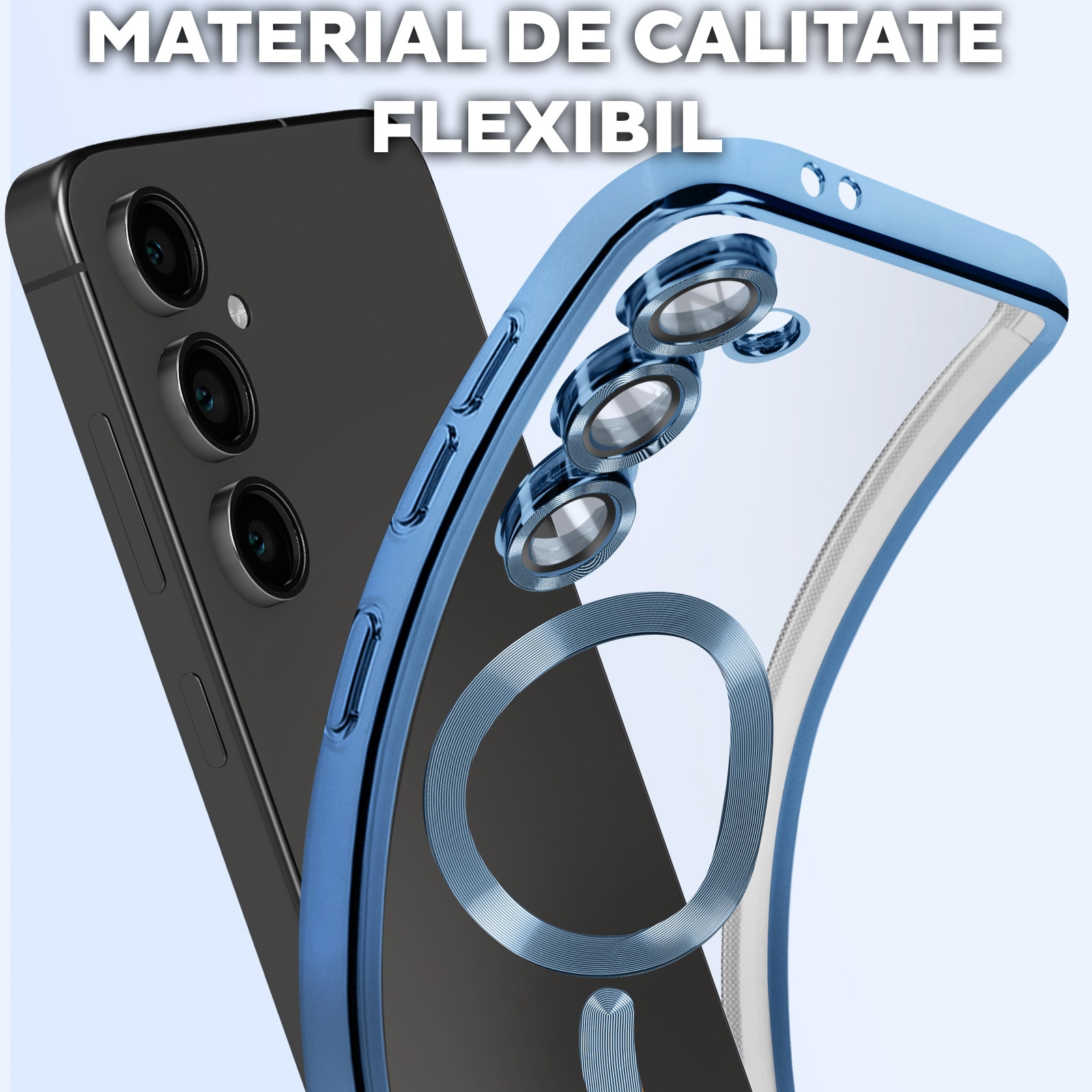Husa pentru Samsung Galaxy A55 DaDen® MagSafe Luxury compatibil cu protectie camera, Ultra Protectie, Transparent cu margini albastre