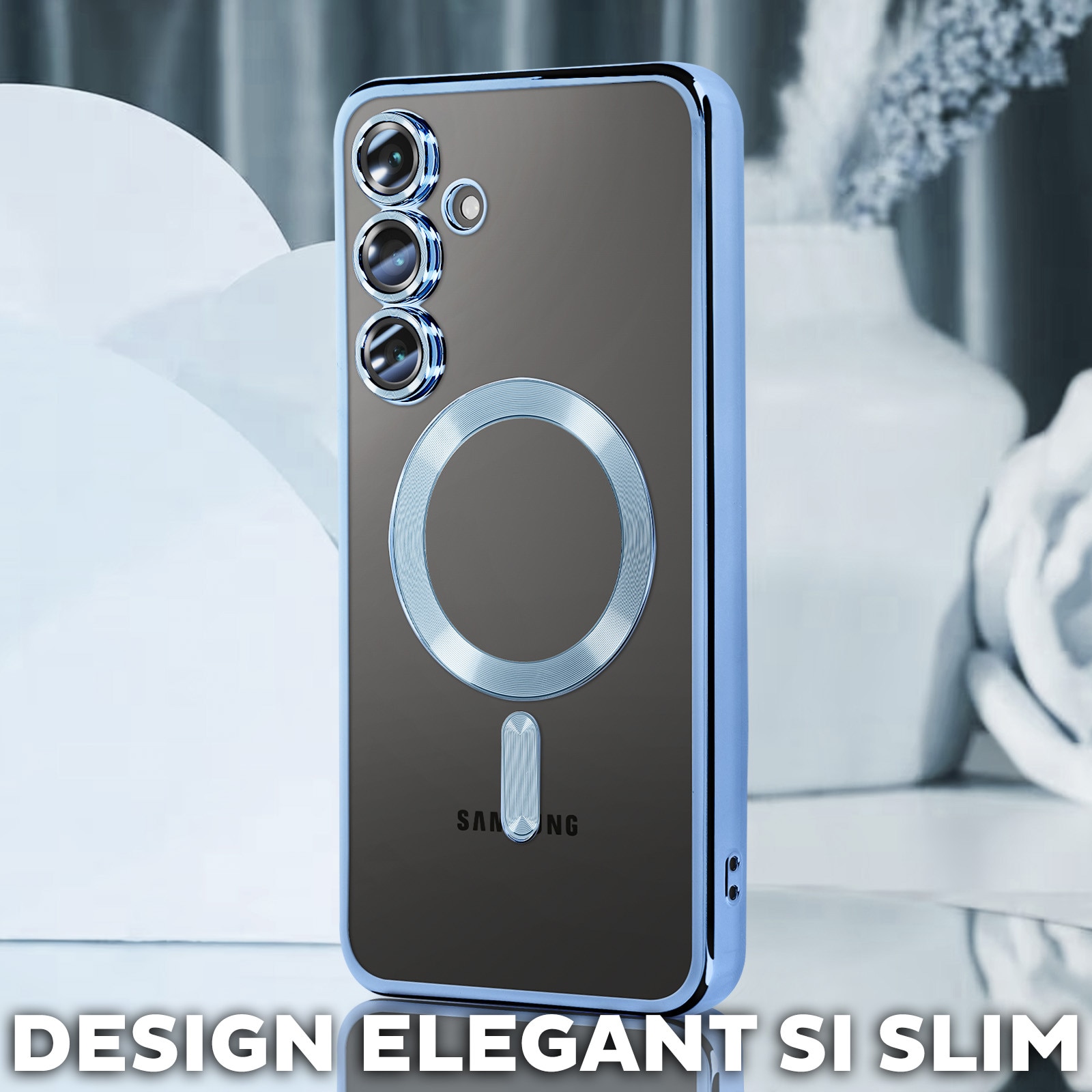 Husa pentru Samsung Galaxy A55 DaDen® MagSafe Luxury compatibil cu protectie camera, Ultra Protectie, Transparent cu margini albastre