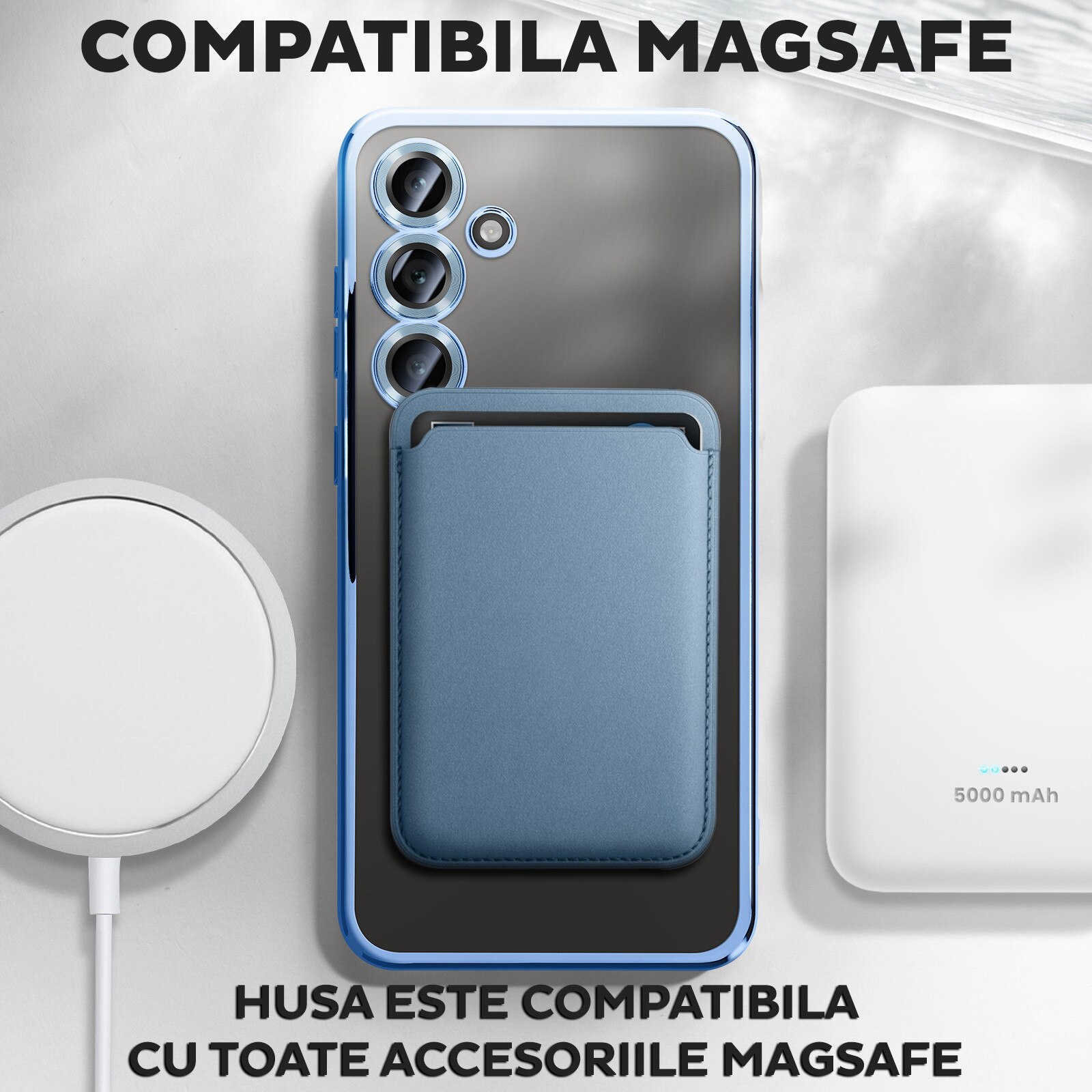 Husa pentru Samsung Galaxy A55 DaDen® MagSafe Luxury compatibil cu protectie camera, Ultra Protectie, Transparent cu margini albastre