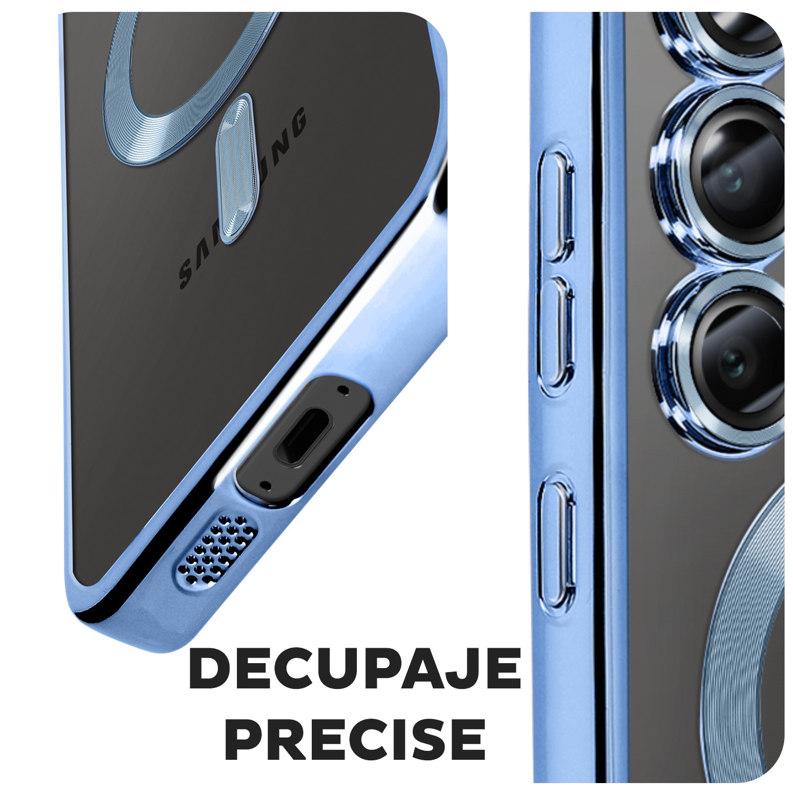 Husa pentru Samsung Galaxy A55 DaDen® MagSafe Luxury compatibil cu protectie camera, Ultra Protectie, Transparent cu margini albastre