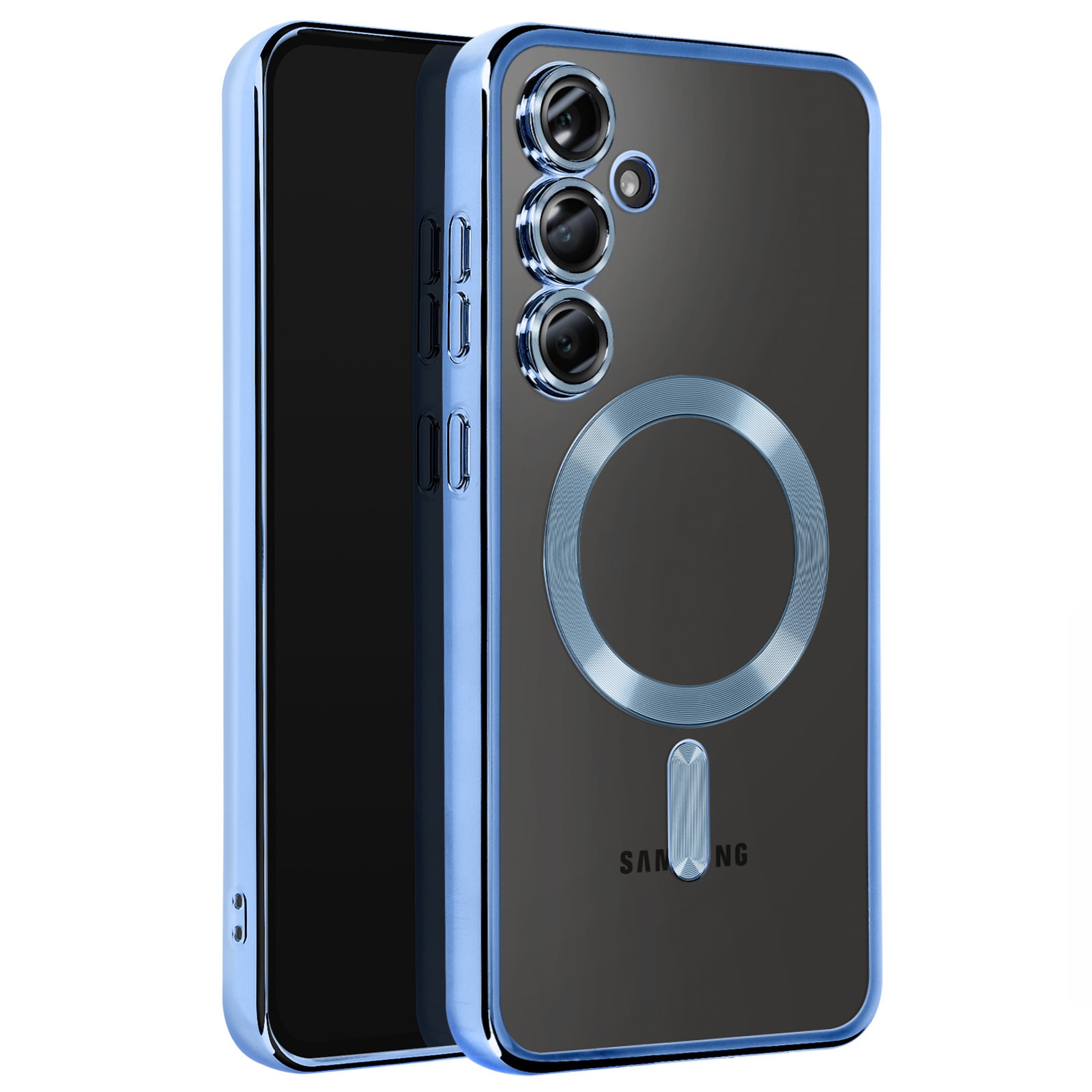 Husa pentru Samsung Galaxy A55 DaDen® MagSafe Luxury compatibil cu protectie camera, Ultra Protectie, Transparent cu margini albastre