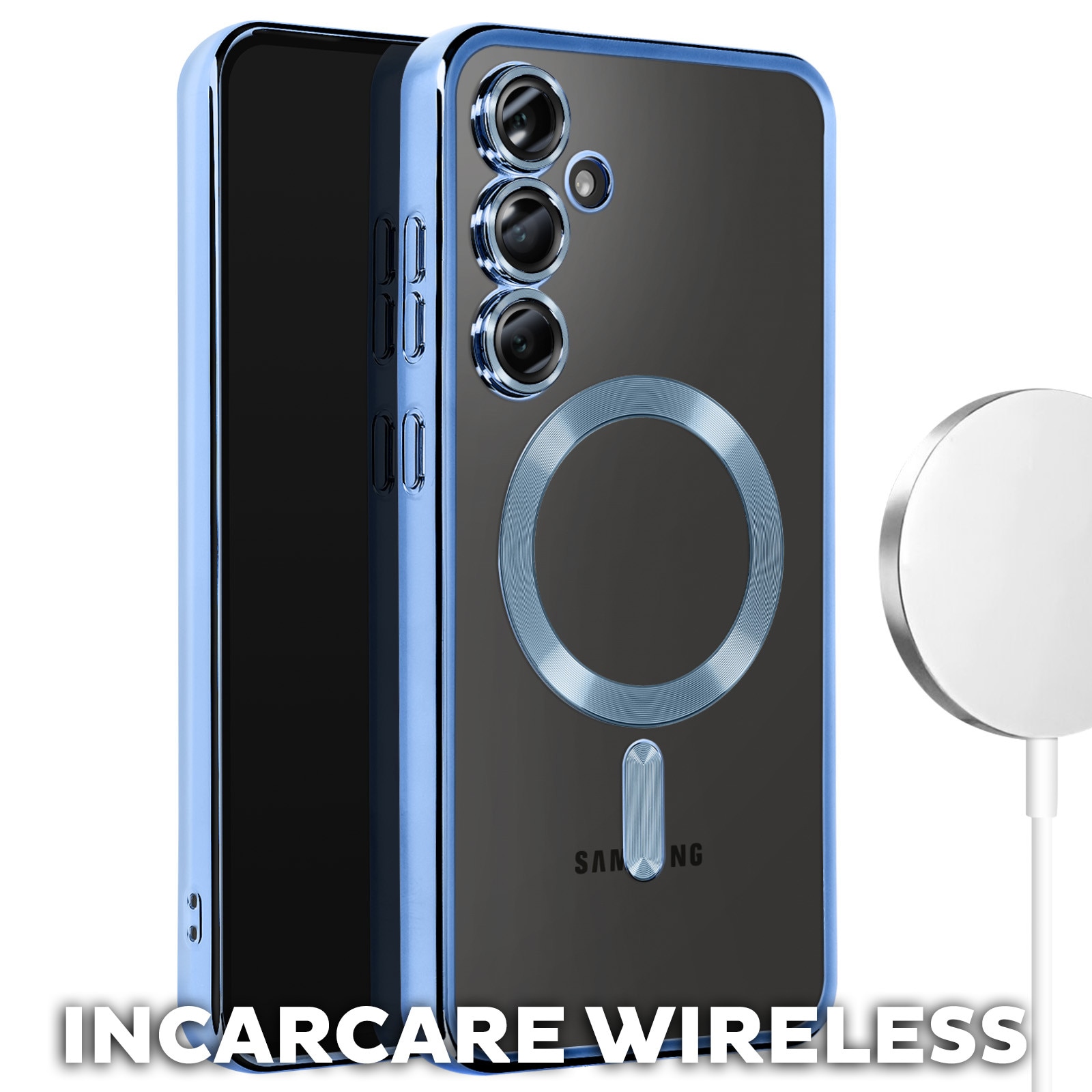 Husa pentru Samsung Galaxy A55 DaDen® MagSafe Luxury compatibil cu protectie camera, Ultra Protectie, Transparent cu margini albastre