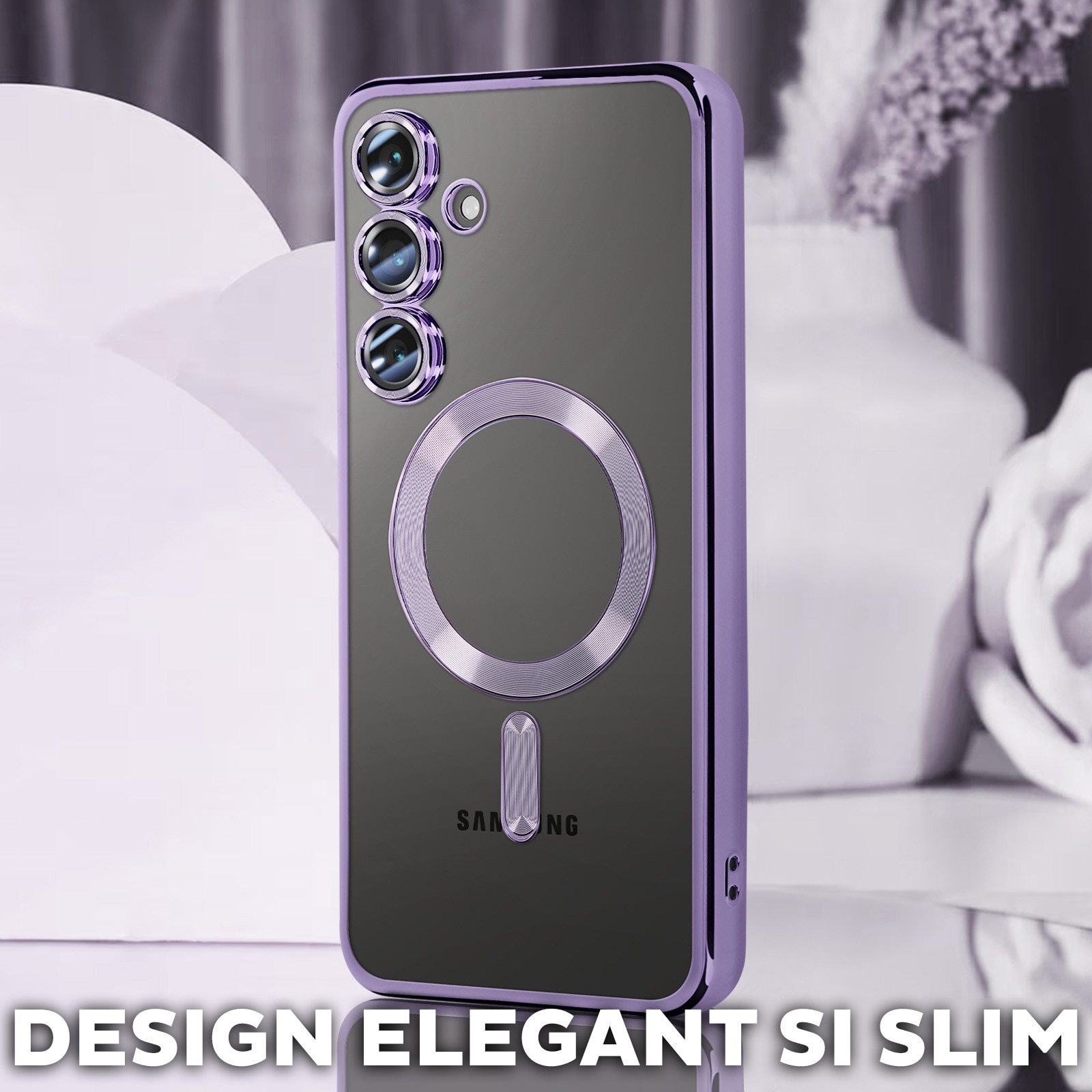 Husa pentru Samsung Galaxy A26 DaDen® MagSafe Luxury cu protectie camera, Incarcare wireless, Ultra Protectie, Transparent cu margini mov