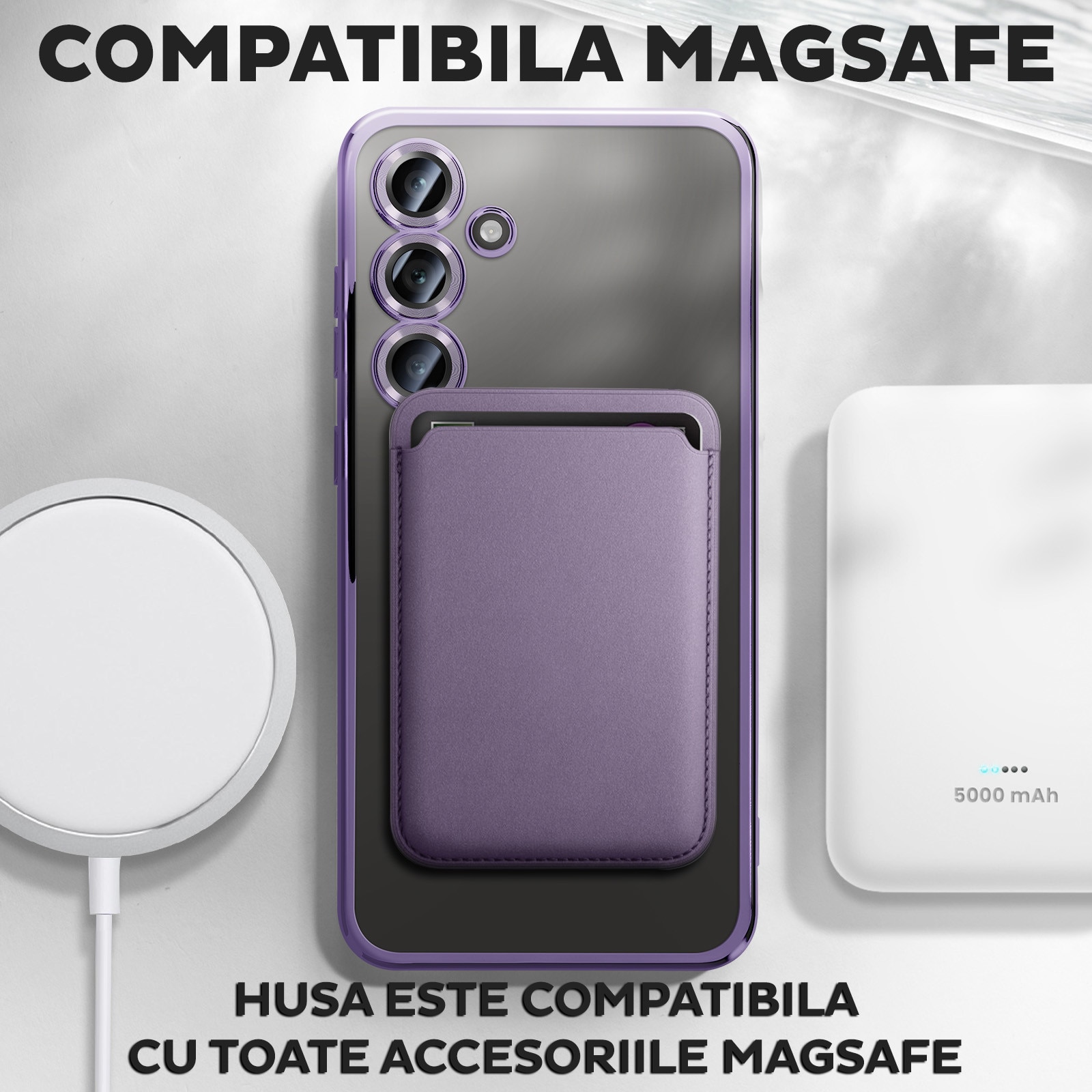 Husa pentru Samsung Galaxy A26 DaDen® MagSafe Luxury cu protectie camera, Incarcare wireless, Ultra Protectie, Transparent cu margini mov