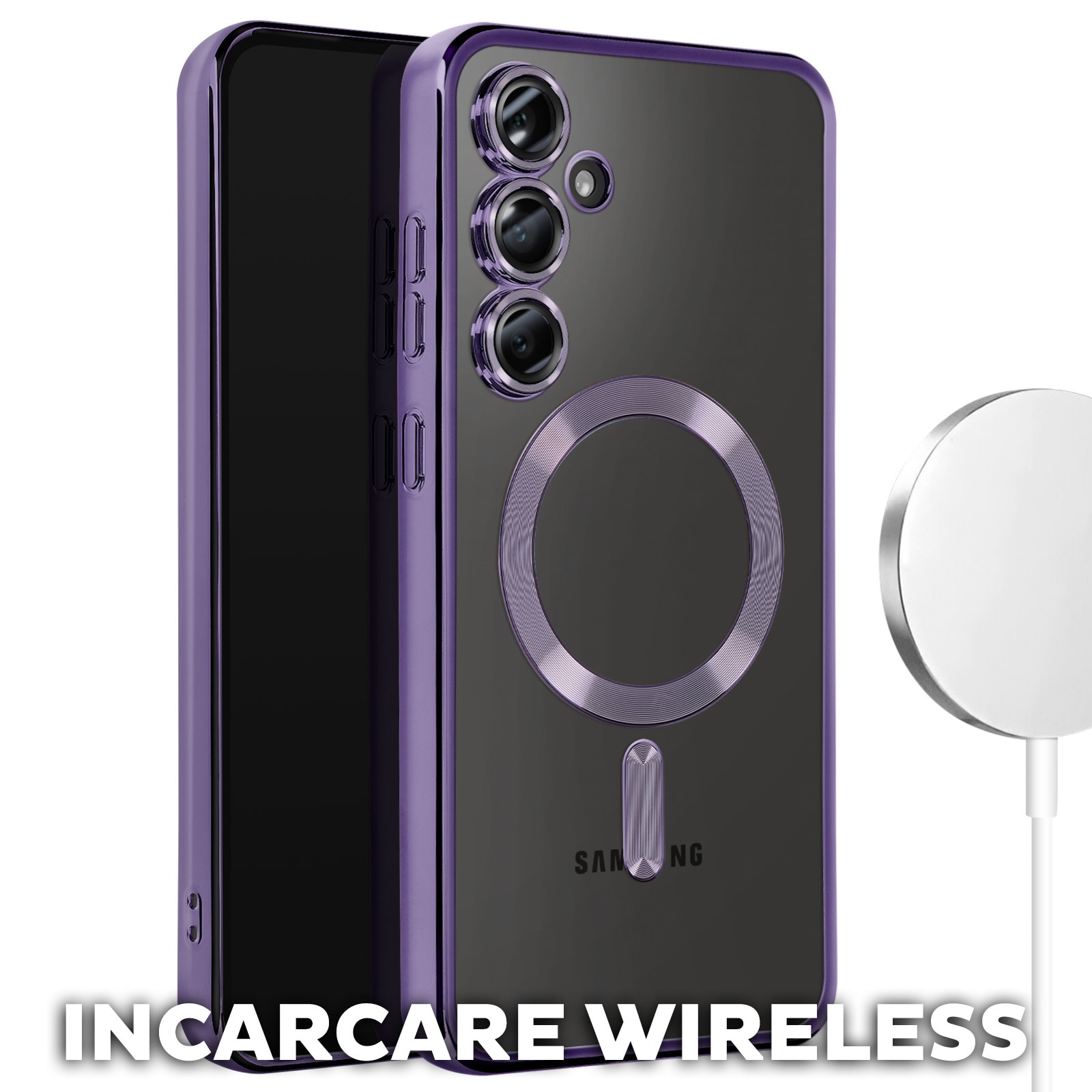 Husa pentru Samsung Galaxy A26 DaDen® MagSafe Luxury cu protectie camera, Incarcare wireless, Ultra Protectie, Transparent cu margini mov